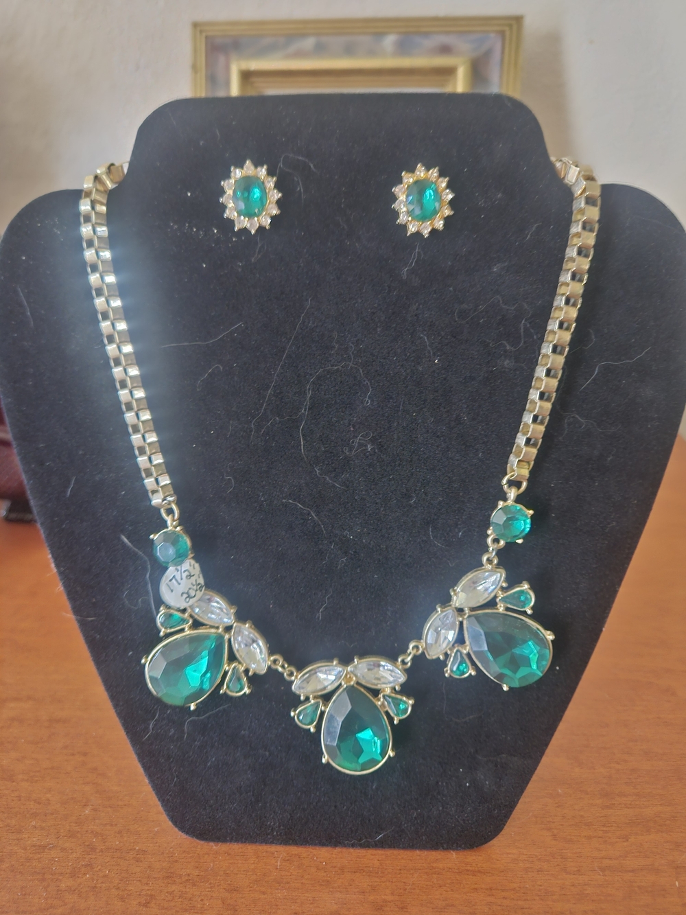 Gold-Tone Emerald Teardrop Statement Necklace & Stud Earrings
